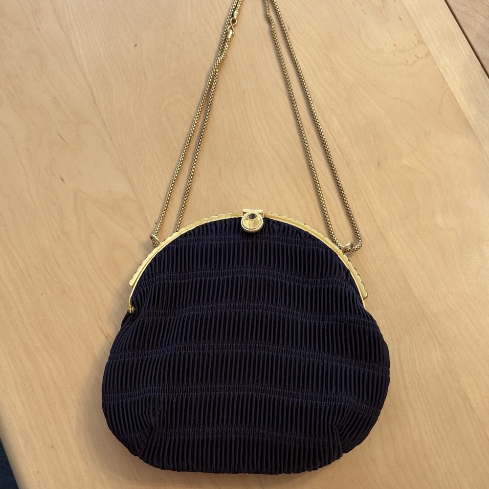Vintage Black Accordian Pleated Fabric Evening Bag with Gold Frame.
